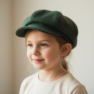 Fillette portant casquette gavroche laine mouchetée vert