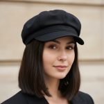 Femme portant une casquette gavroche noire, portrait lifestyle confiance