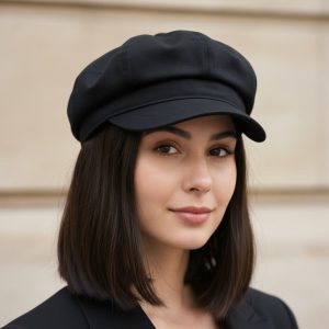 Femme portant une casquette gavroche noire, portrait lifestyle confiance