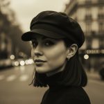 Femme portant une casquette gavroche noire, portrait lifestyle ambiance urbaine Parisienne