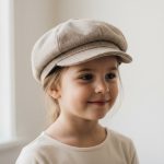 Fillette portant casquette gavroche tweed herringbone beige