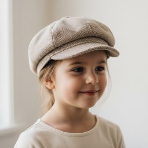 Fillette portant casquette gavroche tweed herringbone beige