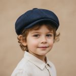 Garçon portant casquette gavroche tweed herringbone bleu marine
