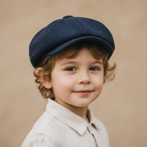 Garçon portant casquette gavroche tweed herringbone bleu marine