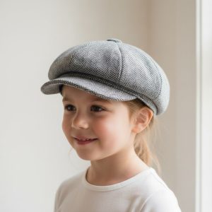 Fillette portant casquette gavroche tweed herringbone gris clair