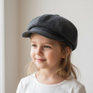 Fillette portant casquette gavroche tweed herringbone gris foncé