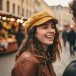 Femme souriante portant une casquette gavroche velours jaune, portrait lifestyle