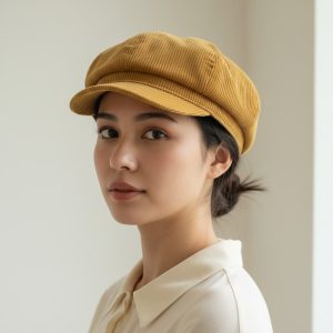 Femme portant une casquette gavroche velours jaune, portrait lifestyle minimaliste