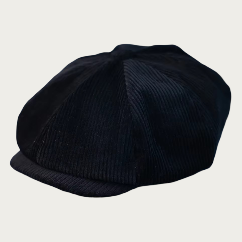 Casquette gavroche noire en velours côtelé 8 panneaux avec visière courte