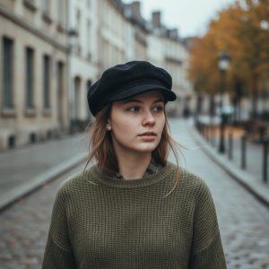 Femme portant une casquette gavroche velours noir, portrait lifestyle rue pavée