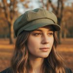 Femme portant une casquette gavroche vert kaki, portrait lifestyle style parisien