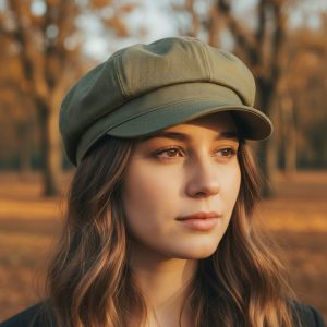 Femme portant une casquette gavroche vert kaki, portrait lifestyle style parisien