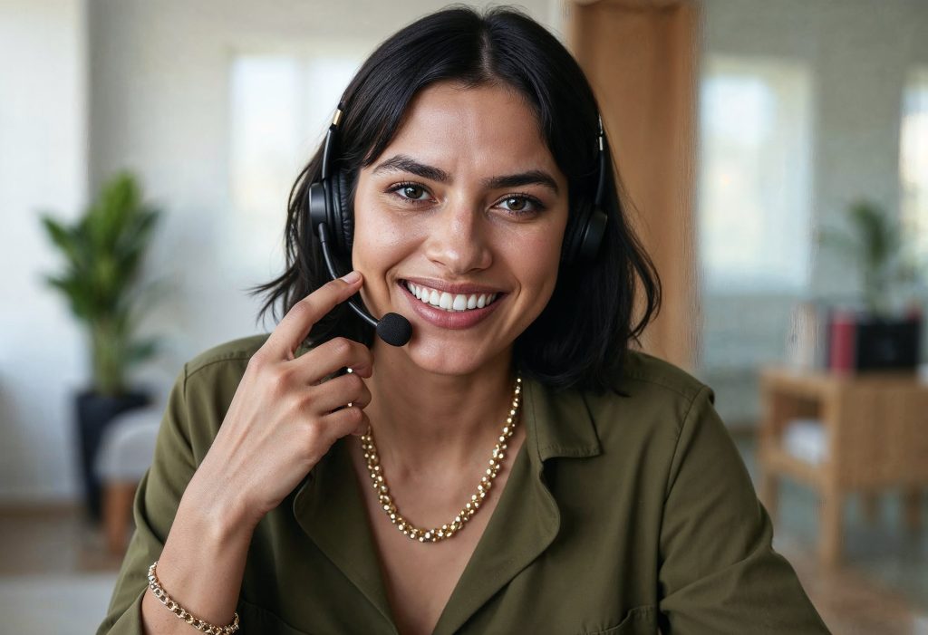 image présentant une femme souriante qui répond au service client